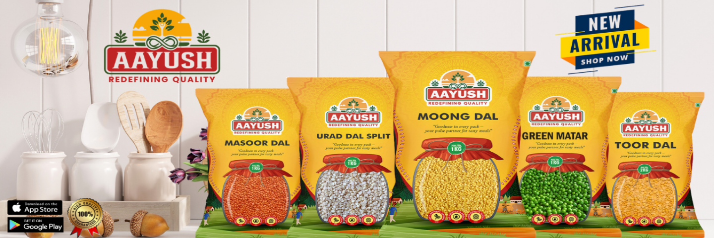Aayush brand packaging of various dal varieties on a white background
