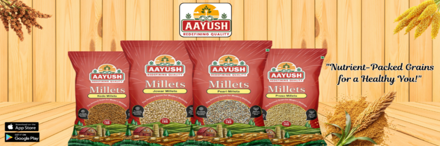 Aayush Millets packaging with grains on a wooden background