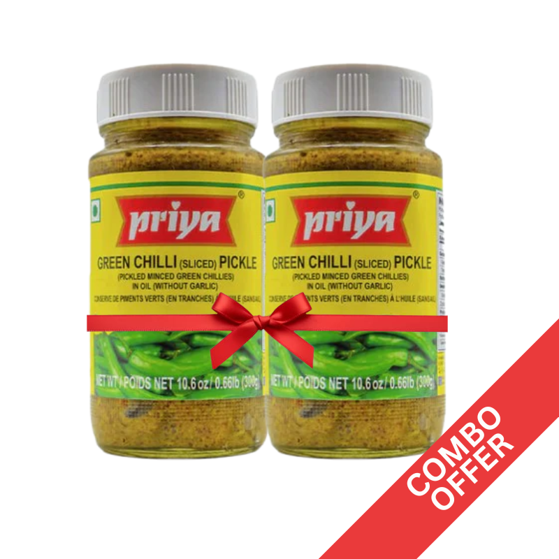 Priya - Green Chilli (Sliced) W/O Garlic Pickle - 300g (Combo)