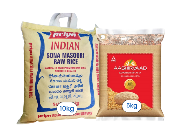 Priya - Sona Masoori Rice - 10kg + Aashirvaad Whole wheat atta - 5kg